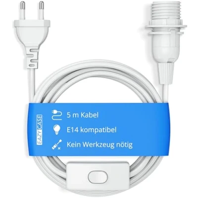 Afbeelding van EAZY CASE E14 lamphouder met 5 m kabel, schakelaar, schroefring voor lampenkap en netstekker, ideale lampophanging hanglampen, doe het zelf lamp, wit