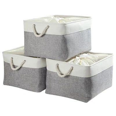 Afbeelding van Mangata Extra grote opbergdoos, set van 3, canvas stoffen opbergmanden met handgrepen voor kasten, kledingkast, planken, badkamer, kleding, speelgoed, handdoek (opvouwbaar, grijs wit)