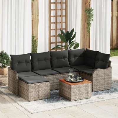 Afbeelding van vidaXL 7 Delige Tuinsofa Set met Kussens Grijs Poly Riet Acacia