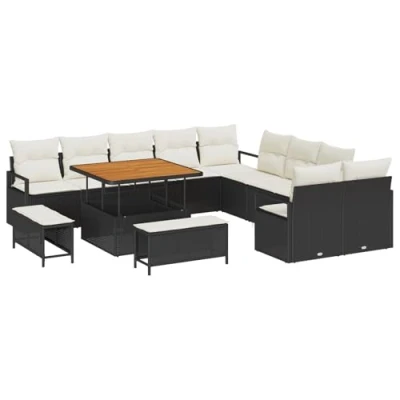 Afbeelding van vidaXL 13 delige tuinbank set met kussens zwart poly rattan acacia, 2 zits rattan, 3 tuin eet acacia