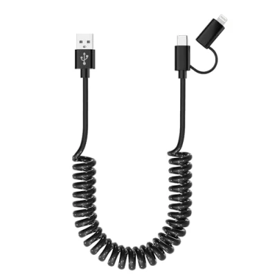 Afbeelding van USB naar C &amp; Lightning spiraalkabel, 2 in 1, MFi gecertificeerd, Apple Carplay kabel en Android autokabel, intrekbare kabel, kort, met gegevensoverdracht voor iPhone 15/14
