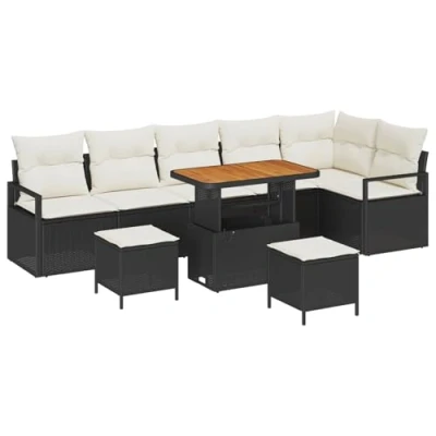 Afbeelding van vidaXL 9 delige Tuin Sofaset met Kussens Zwart Poly Rattan Acacia, 2 Persoons Sofa Rattan, 3 Eetset Acacia