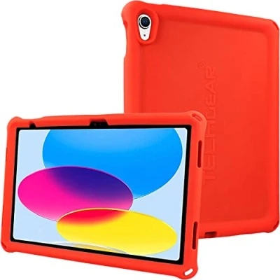 Afbeelding van TECHGEAR Bumper ontworpen voor Apple iPad 10 2022, 10e generatie, 10,9 inch robuuste schokbestendige zachte siliconen beschermende Easy Grip antislip kinderbestendige hoes met schermfolie [rood]