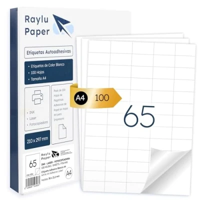 Afbeelding van Raylu Paper ® zelfklevende witte etiketten om af te drukken, papieren stickers op A4 vellen voor inkjetprinters, laser en fotokopieerapparaten, 65 per vel (38 x 21,2 mm)