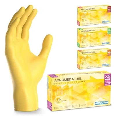 Afbeelding van ARNOMED wegwerphandschoenen geel, nitril handschoenen XS, met 100 stuks per doos, poedervrij. Latexvrije rubber handschoenen, verkrijgbaar in S, M, L