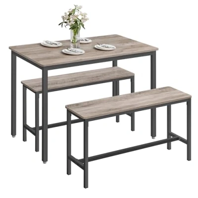 Afbeelding van VASAGLE Eettafel met 2 banken, set van 3, keukentafel 70 x 110 75 cm, banken elk 30 97 50 stalen frame, greige gemêleerd inktzwart KDT070B02
