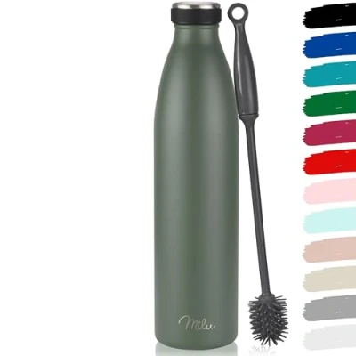 Afbeelding van Milu Roestvrijstalen Drinkfles 350ml 500ml, 750ml, 1L, 1.5L Thermosfles, Geïsoleerde Waterfles, Lekvrije Fles Dubbelwandig, Koolzuurhoudend + Schoonmaakborstel (Olijfgroen, 1.5L)