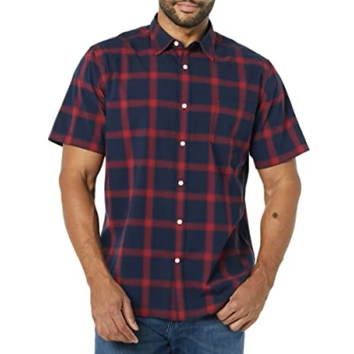 Afbeelding van Amazon Essentials Heren Slim Fit Poplin Shirt met korte mouwen, Marinerood Buffalo Plaid, X Large