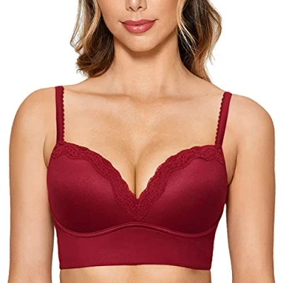 Afbeelding van Dobreva Vrouwen Bloemen Kant Gewatteerde Draadloze Push Up Bralette Longline BH Cerise 85A