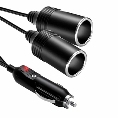 Afbeelding van O32CS 12V/24V auto sigarettenaansteker adapter: 1 stekker naar 2 stopcontacten, dubbele USB poort oplader, praktische splitter voor auto, SUV, vrachtwagen. Krachtig en compact. Max. 20 A, ca.