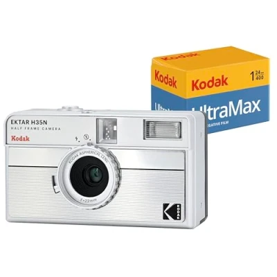 Afbeelding van Kodak EKTAR H35N Half Frame Film Camera Bundel met Ultramax 400/24EXP 35mm Rolfilm (Gestreept Zilver, Bundel)