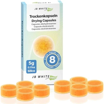 Afbeelding van JB White 8 droogcapsules voor hoortoestellen, met kleurindicator hoortoestellen en droogbekers, droogtabletten (per stuk verpakt)