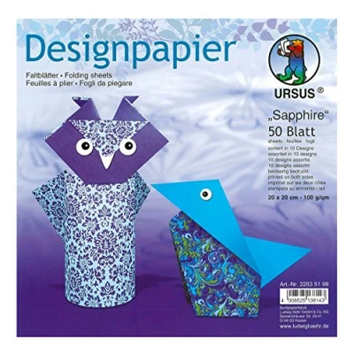 Afbeelding van Ursus 22835199 Designpapier Sapphire, 50 vellen in 10 verschillende motieven, ca. 20 x cm, 100 g/m², aan beide zijden bedrukt, ideaal voor het vouwen van creatieve origami dieren