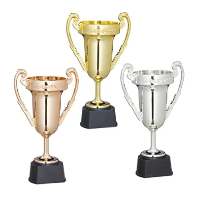 Afbeelding van Relaxdays trofeeën, set van 3 stuks, sport en feestjes, trofee beker, kunststof, HxBxD: 22,5x13,5x8,5 cm, meerkleurig
