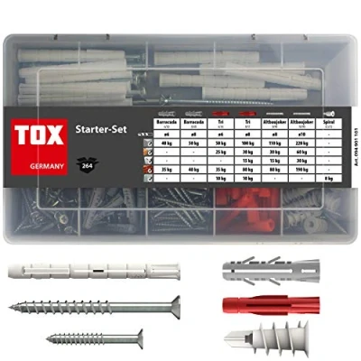 Afbeelding van TOX Standaard assortiment starterset, 264 delig, voor standaardbevestigingen in bijna alle bouwmaterialen, multifunctionele + spreid gipsplaatpluggen oude bouwjoker schroeven, 1 stuk, 094901101