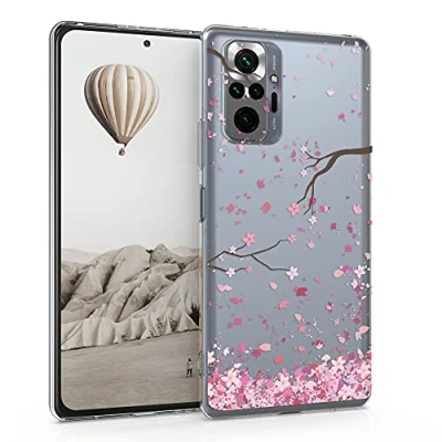 Afbeelding van kwmobile telefoonhoesje geschikt voor Xiaomi Redmi Note 10 Pro Hoesje smartphone in poederroze / donkerbruin transparant Kersenbloesembladeren design