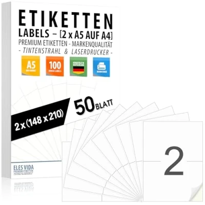 Afbeelding van DIN A5 (2 per A4 vel), 210 x 148 mm, zelfklevende etiketten, bedrukbaar, mat oppervlak, compatibel met inkjet en laserprinters, stickers voor vele gebieden, Made in Germany (50)