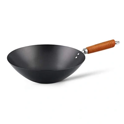Afbeelding van Ken Hom KH331001 Koolstofstaal Niet Plakken Wok, 31cm, Classic, Inductie/Houten Handvat/Pan Met Platte Bodem, Vaatwasmachinebestendig, 2 Jaar Garantie