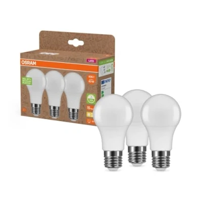 Afbeelding van OSRAM NATURE LOOP bijzonder duurzame LED lampen van gerecycled plastic, voordeelverpakking met 3 lampen, vervangt traditionele 60W gloeilampen, peervorm, E27, warmwit (2700K), milieuvriendelijk