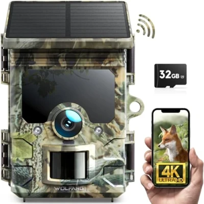 Afbeelding van WOLFANG Solar Wildlife Camera 4K 46MP, WiFi Bluetooth Trail met Nachtzicht Motion Activated 0.1s Trigger Time IP66 Waterdichte Game voor Monitoring U3 32GB Micro SD kaart