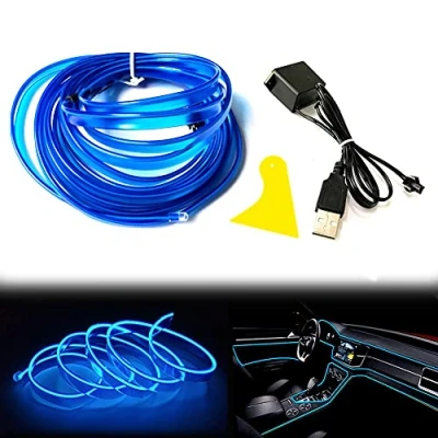 Afbeelding van Balabaxer El Wire Blauwe Interieur Auto LED Strip Verlichting, 5M Neon Draad USB 5V met Zekering Bescherming voor Automotive Decoratie 6mm Naairand