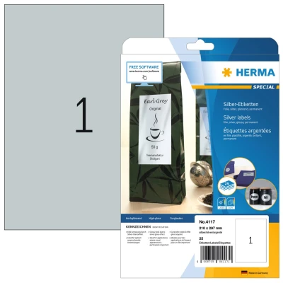 Afbeelding van Herma Zilverkleurige folie etiketten, A4, 210 x 297 mm, glanzend, weer