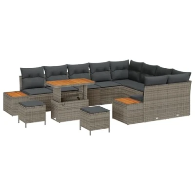 Afbeelding van vidaXL 12 delige tuinset met kussens grijs poly rattan en acacia