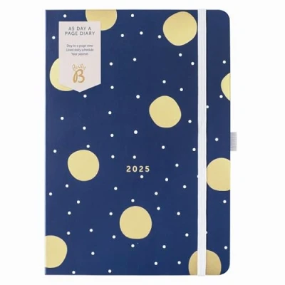 Afbeelding van Busy B Day A Page Dagboek 2025 voor studenten, professionals en docenten A5 marineblauwe dagplanner met goudfolie, elastische band lintmarker compacte organizer bureau of handtas (jan dec)