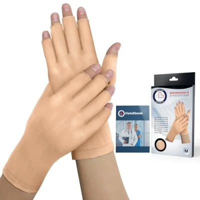 Afbeelding van Medisch ontwikkelde uniseks compressie handbrace katoenen handschoenen zonder vingertoppen voor artritis, met doktersgids (Beige, open vingers, M)