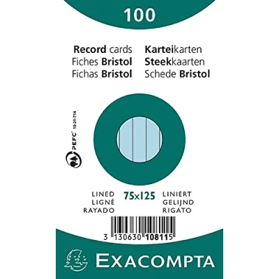 Afbeelding van Exacompta Ref 10811X Bristol Lined Record Cards (Pack van 100) 75 x 125mm groot, 205gsm kaart, compatibel met printers Geschikt voor examenrevisie en notities Blauw