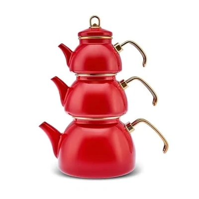 Afbeelding van Karaca Retro Emaye Theepotset, 3 stuks, rood, hoogwaardige emaille potten voor stijlvolle theedrinken en nostalgische theeparty&#039;s, inhoud 0,50 l, 1,1 l 2,3