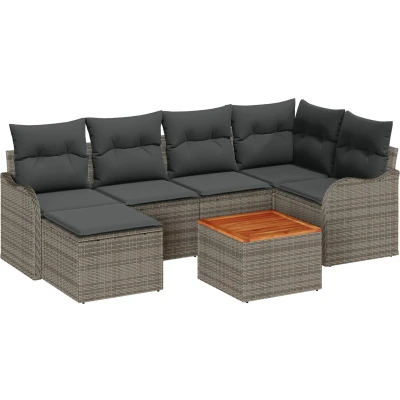 Afbeelding van vidaXL 7 delige tuinsofa set met kussens grijs poly riet acacia