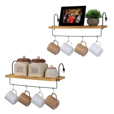 Afbeelding van BELLE VOUS 2 Pack Wooden Wall Shelf Coffee Bar with Towel Holder Hooks Durable Brown Pine Meta