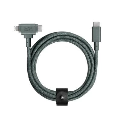 Afbeelding van Native Union Belt Cable Duo 1,80 meter ultrasterke gevlochten universele oplaadkabel 2 in 1 MFi gecertificeerde connector voor meerdere apparaten Lightning en Type C leisteengroen