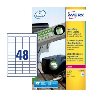 Afbeelding van Etiket Avery L4778 20 45.7x21.2mm polyester wit 960stuks