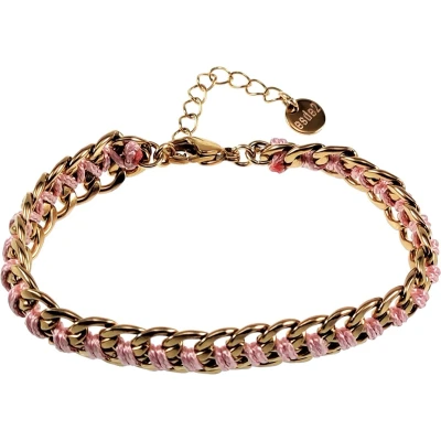 Afbeelding van 18cm tot 22cm Armband Dames Breed Verguld RVS Cubaanse Schakelsarmband met Roze Koord Verstelbaar