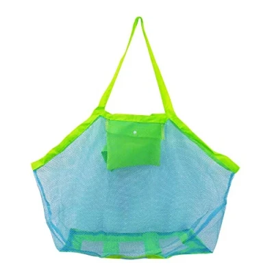Afbeelding van Grote mesh strandtas voor speelgoed zand weg draagtas met rits kind zwemmen zwembad reizen zandschoenen natte handdoeken 45,7 x 30,5 cm groene bandjes blauw gaas
