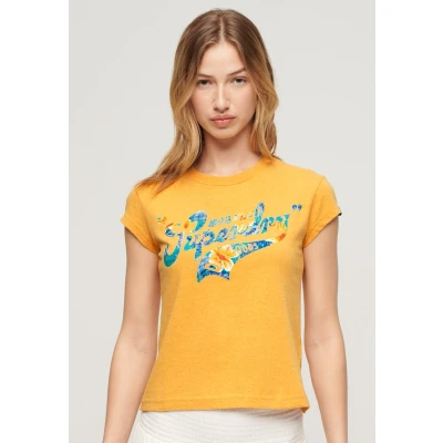 Afbeelding van Superdry Floral Scripted Sleeve Tshirt print, Dames, Maat: 34, Amber yellow marl