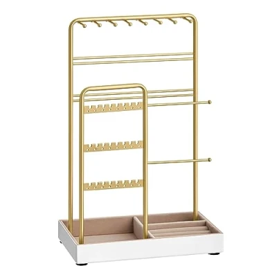 Afbeelding van Sieradenstandaard, sieradenhouder, metalen frame, sieradendienblad fluweel, sieradenopslag voor halskettingen, armbanden, oorbellen, oorstekers, ringen, cadeau idee, goudkleurig JJS021A01