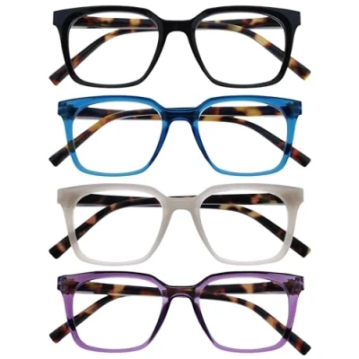 Afbeelding van OPULIZE KOI Leesbrillen 4 Pack Groot Rechthoekig Montuur Zwart Blauw Paars Grijs Heren Dames Veerscharnieren RRRR50 1357 +2.50