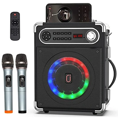 Afbeelding van JYX karaoke machine met twee draadloze microfoons, draagbare Bluetooth luidspreker aanpassing van bas/treble, afstandsbediening en led verlichting, ondersteunt TF kaart/USB, AUX IN, FM, REC (zwart)
