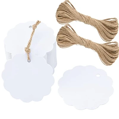 Afbeelding van G2PLUS 300 g/m² ronde hangers van kraftpapier, 100 stuks, labels, 6 cm, cadeauhangers, met koord voor cadeauverpakkingen en kunsthandwerk (wit)