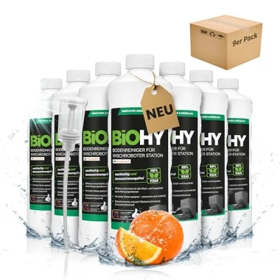 Afbeelding van BiOHY Vloerreiniger voor dweilrobot station met sinaasappelgeur (9 x 1 liter) + doseerder reinigingsmiddel concentraat alle wis en robotstofzuigers natte functie schuimarm &amp; streepvrij