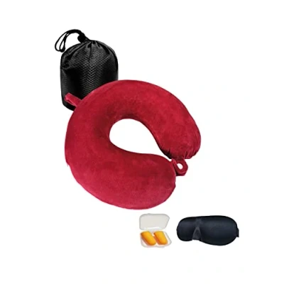 Afbeelding van NavoX Reiskussen traagschuim nekkussen voor reizen w/slaapmasker/oordopjes/zakje, neksteunkussen Quick Pack Lichtgewicht kamperen, auto, kantoor/rood