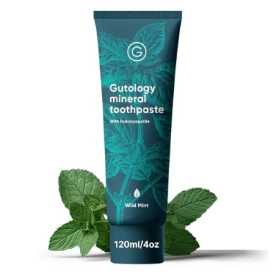 Afbeelding van Gutology Natuurlijke probiotische tandpasta 120 ml, fluoridevrije hydroxyapatietandpasta, remineraliserend, geschikt voor volwassenen en kinderen, helpt bij gevoelige tanden bleken, wilde muntsmaak