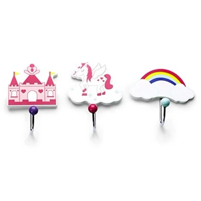 Afbeelding van Mousehouse Gifts Set van drie kinderen eenhoorn thema enkele houten kapstok haken muur
