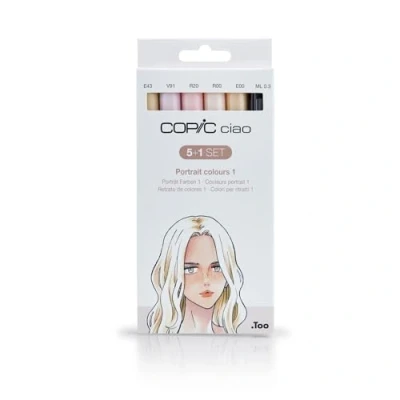 Afbeelding van COPIC Ciao Marker 5+1 Set &quot;Portrait Colours&quot;, 5 allround markers op alcoholbasis met een medium breedte en penseelpunt, incl. 1 Multiliner 0,3 mm
