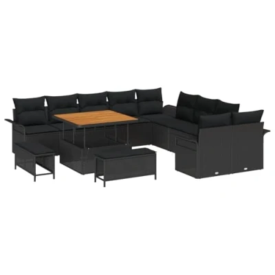 Afbeelding van vidaXL 13 delige Tuin Sofa Set met Kussens Zwart Poly Rattan Acacia