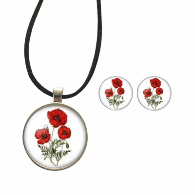 Afbeelding van 2 Delig Ketting Zilver Oorbellen Papaver Rhoeas Charme Bijoux