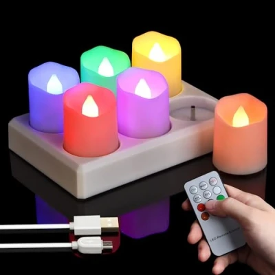 Afbeelding van FREEPOWER 6 oplaadbare led theelichtjes kleurrijk met laadstation, elektrische kaarsen, RGB flikkeren afstandsbediening, timer, dimbaar, USB kabel, Ø 4 x 4,5 cm